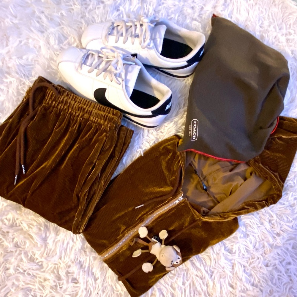 Brown Zip Front Crop Velvet Jacket and pants
